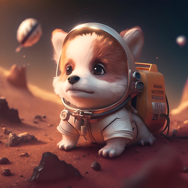 Un chien en combinaison spatiale avec un casque dessus.