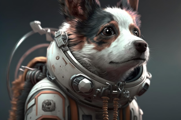 Un chien en combinaison spatiale avec un corgi dessus.