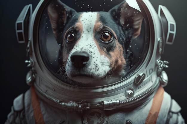 Un chien en combinaison spatiale avec un homme en combinaison spatiale.