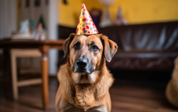 Chien de compagnie dans une casquette d'anniversaire portant un chapeau dans un ai génératif d'intérieur de maison