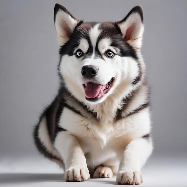 Un chien de compagnie husky fou et heureux pose