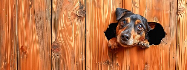 Photo un chien de compagnie pousse sa tête à travers un trou dans un espace de copie de clôture en bois dur