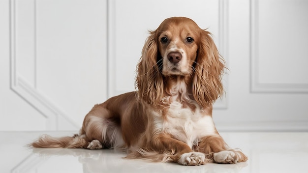 Chien de compagnie de race King Charles Spaniel assis calmement isolé sur un fond de studio blanc