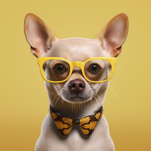 Chien de compagnie studio chihuahua fond mignon lunettes jaune animal chiot portrait IA générative