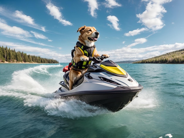 Photo un chien conduisant un jet ski sur les eaux étincelantes d'un lac