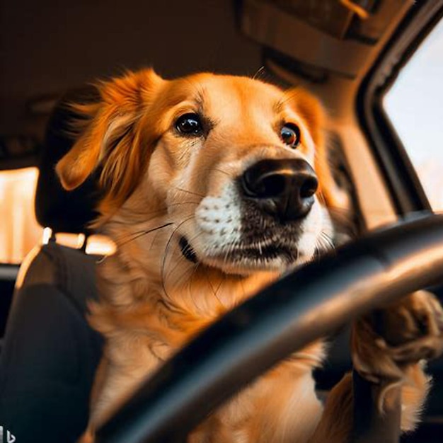 chien conduisant une voiture et prenant un selfie en même temps