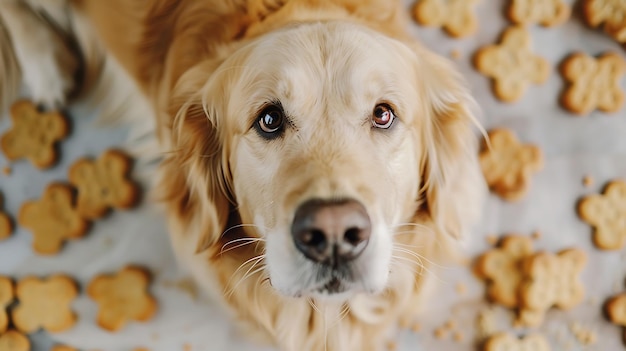 Photo un chien avec un cookie dans la bouche regarde la caméra