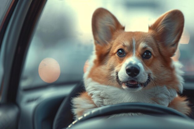 Un chien corgi conduit une voiture.