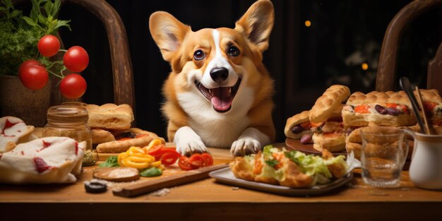 Chien corgi content à côté d'une assiette alléchante de cheeseburgers avec intérêt génératif de l'IA