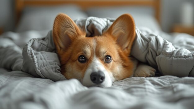 Chien Corgi couché sous une couverture sur le lit Conception de relaxation et de confort pour animaux de compagnie