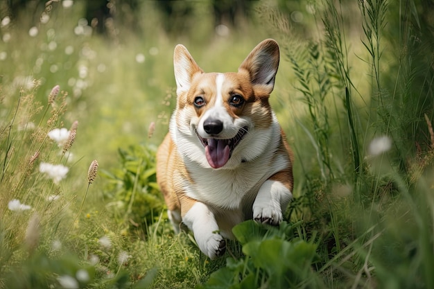 Le chien Corgi court dans l'herbe