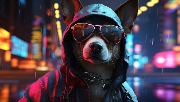 chien corgi dans une veste en cuir et des lunettes de soleil sur fond de ville nocturne