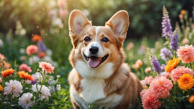 Un chien corgi domestique heureux dans un jardin en fleurs d'une maison de campagne