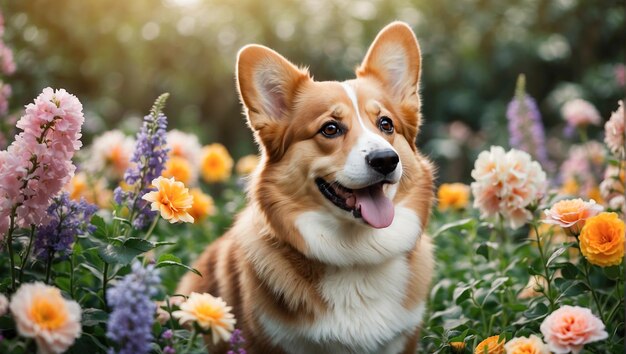 Un chien corgi domestique heureux dans un jardin en fleurs d'une maison de campagne