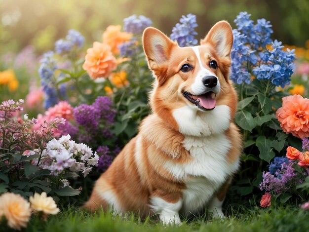 Un chien corgi domestique heureux dans un jardin en fleurs d'une maison de campagne