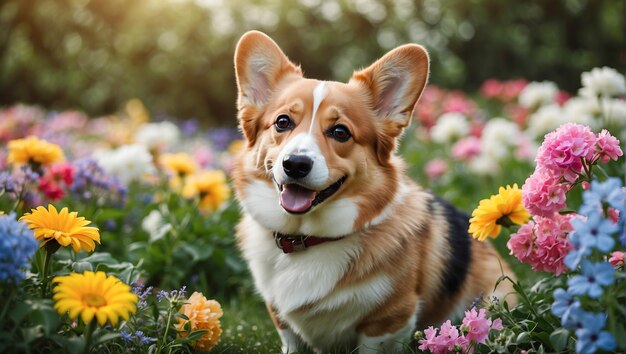 Un chien corgi domestique heureux dans un jardin en fleurs d'une maison de campagne