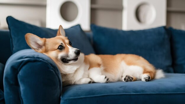 Photo le chien corgi est allongé sur le canapé bleu.