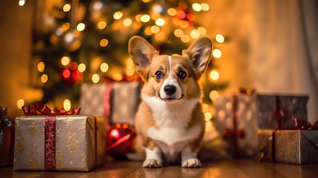 Le chien corgi fête Noël à la maison dans l'appartement dans le contexte d'un arbre de Noël avec des boîtes de cadeaux générés ai