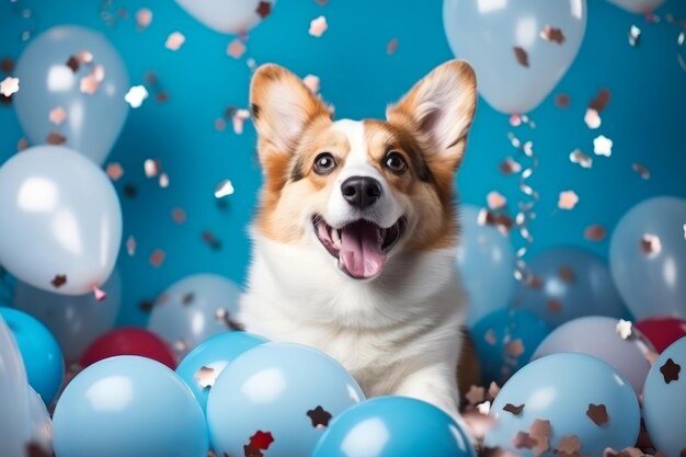 Chien Corgi sur un fond bleu entouré de ballons bleus et de confetti concept festif