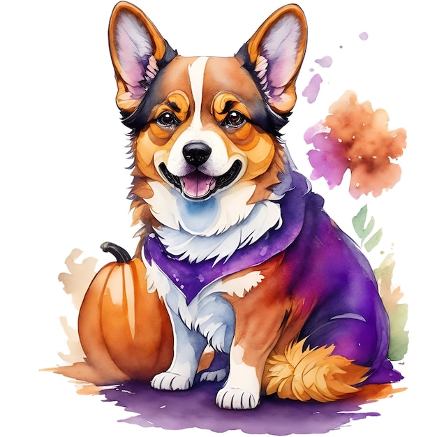 chien corgi d'Halloween aquarelle avec citrouille