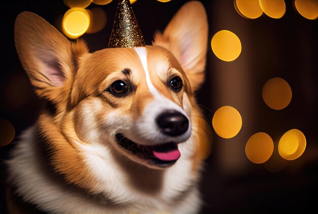 Chien corgi heureux en fête avec un fond clair bokeh Concept d'animal et d'animaux de compagnie IA générative