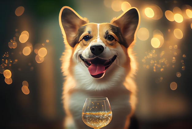 Chien Corgi heureux avec verre de vin grillé en fête et fond clair bokeh doré Concept animal et animal de compagnie Illustration d'art numérique AI générative