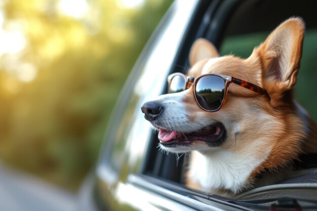 Un chien Corgi avec des lunettes de soleil regardant par la fenêtre de la voiture