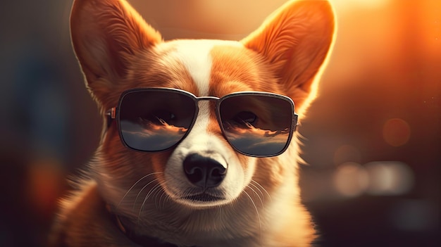 Chien Corgi à lunettes de soleil ressemble à un patron Portrait d'illustration de chien intelligent cool AI générative