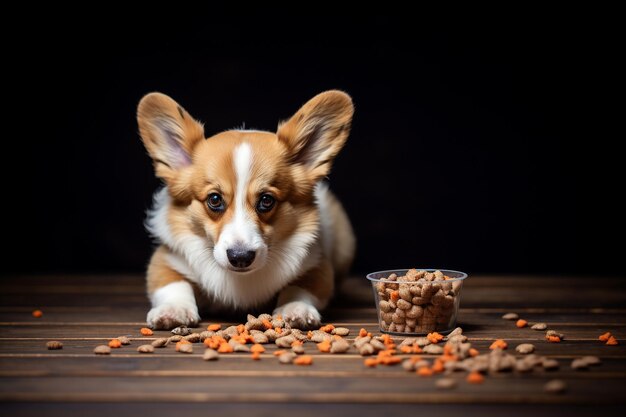 Chien Corgi mâchant de la nourriture sèche