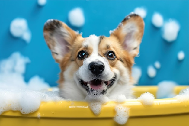 Le chien Corgi prend un bain avec de la mousse et des bulles générées par ai