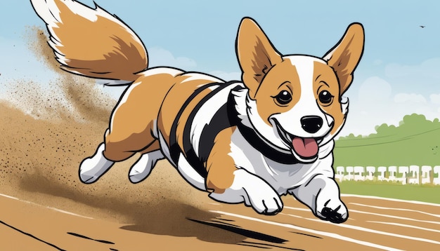 Un chien corgi qui court sur une piste