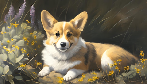 Le chien Corgi sourit et est heureux dans les fleurs des prairies au printemps AI générative