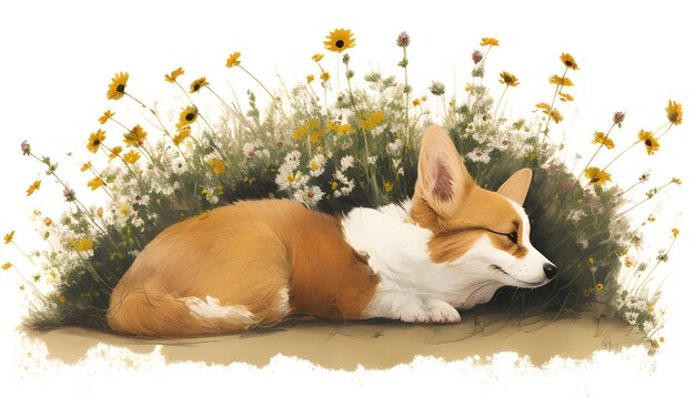 Le chien Corgi sourit et est heureux dans les fleurs des prairies au printemps AI générative