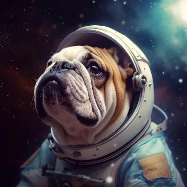 Photo chien cosmonaute mignon vêtu d'un casque d'astronaute dans l'image de l'espace ai art généré