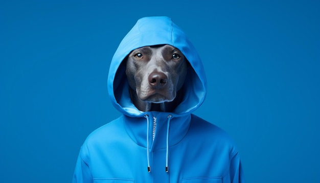 Un chien en costume bleu vif sur un fond minimaliste