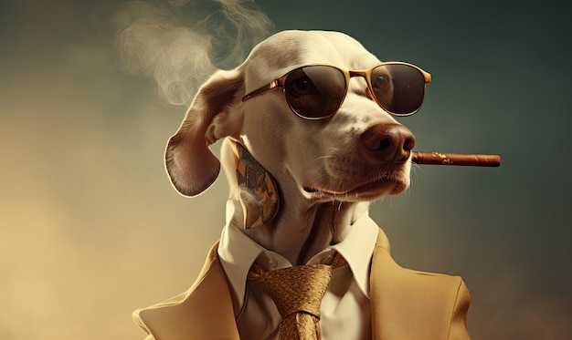 Un chien en costume et cravate fumant une cigarette