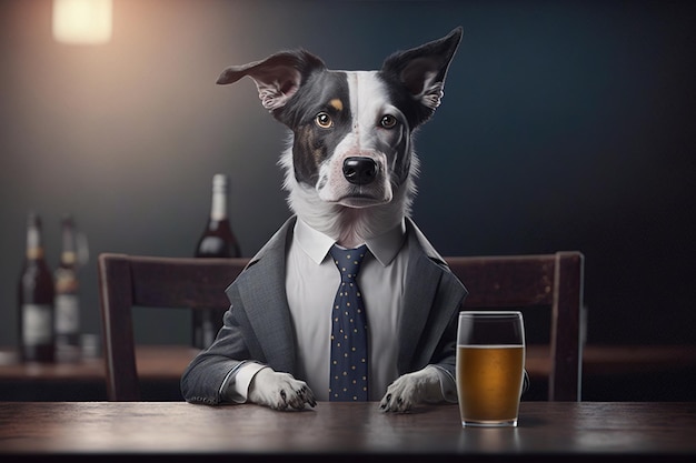 Un chien en costume est assis à une table avec un verre de bière devant lui