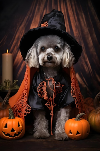 Chien en costume d'Halloween assis sur l'herbe