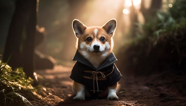 Un chien en costume d'halloween est assis dans une forêt