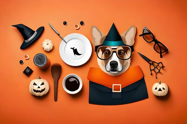 Un chien en costume d'Halloween est entouré d'assiettes et de cuillères.