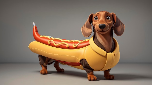 un chien en costume de hot-dog avec une brosse à dents dans la bouche
