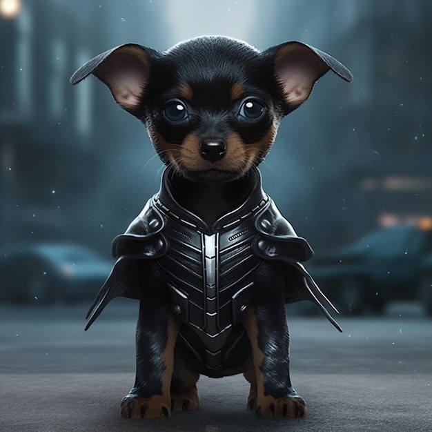 Un chien avec un costume noir qui dit "le chien porte une tenue noire"