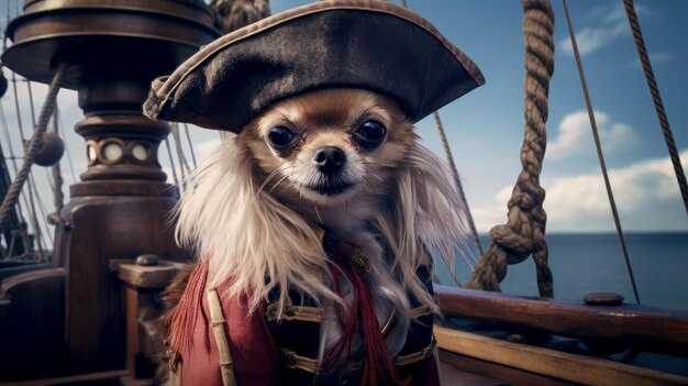 Photo un chien en costume de pirate sur un navire en mer