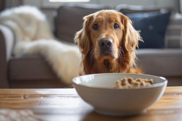 chien à côté d'un bol de nourriture pour chien sur une table en bois à la maison