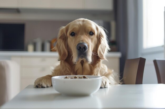 chien à côté d'un bol de nourriture pour chien sur la table à la maison vie de chien