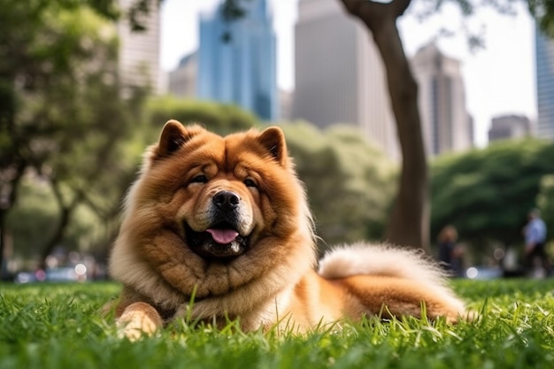 Un chien couché dans l'herbe dans un parc