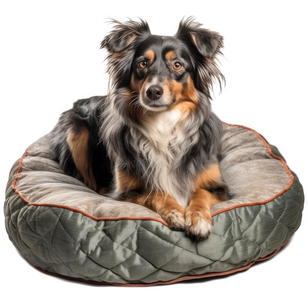 Photo un chien couché dans un lit pour chien sur lequel est inscrit le mot chien.