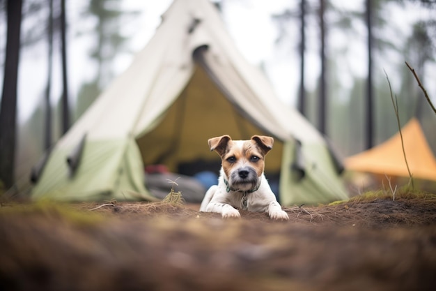 Chien couché à l'extérieur d'une tente dans une clairière