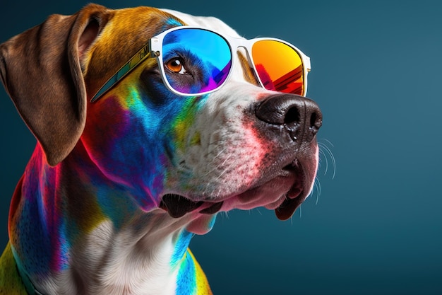 Un chien de couleur arc-en-ciel portant des lunettes de soleil