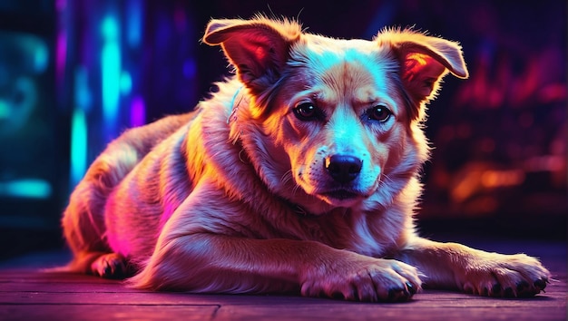 Photo chien avec couleur pleine lumière chien avec effet néon chien avec effet d'éclairage néon dogg avec néon de nuit